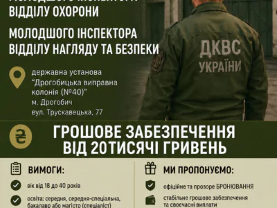 Дрогобицька виправна колонія (№ 40) пропонує ваканcії — молодших інспекторів відділу охорони, молодших інспекторів відділу нагляду і безпеки